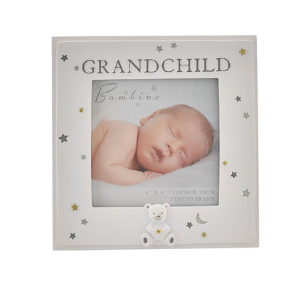 White grandchild photo frame with 'Grandchild' text and star motifs, 4x4 photo
