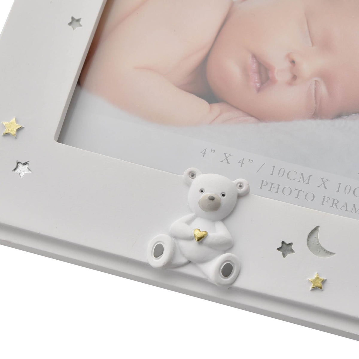 White grandchild photo frame with teddy charm and stars, 4x4 photo window
