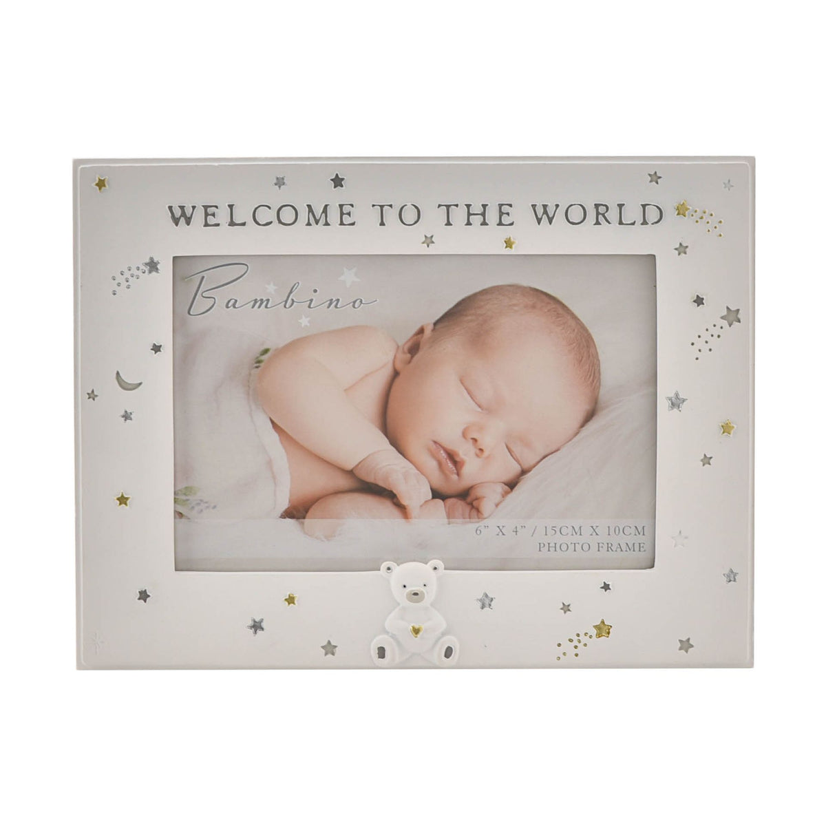 White baby photo frame with “Welcome To The World” wording, star and moon pattern