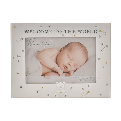 White baby photo frame with “Welcome To The World” wording, star and moon pattern