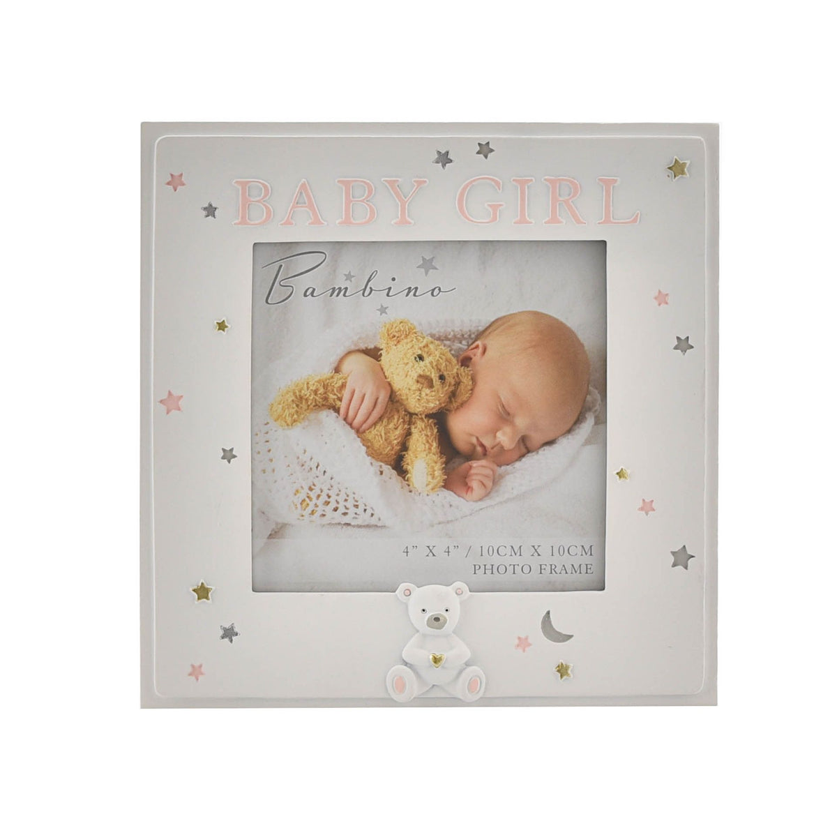 Baby girl resin photo frame, gray with star border and 'BABY GIRL' headline on front