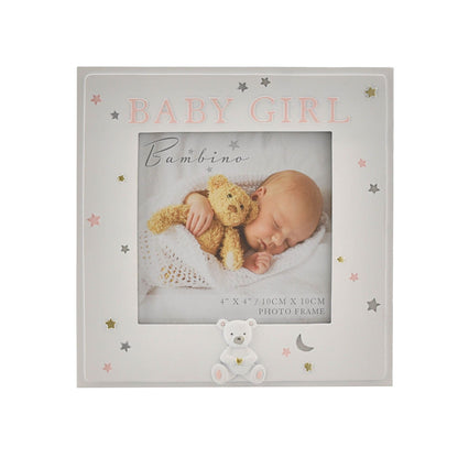 Baby girl resin photo frame, gray with star border and 'BABY GIRL' headline on front