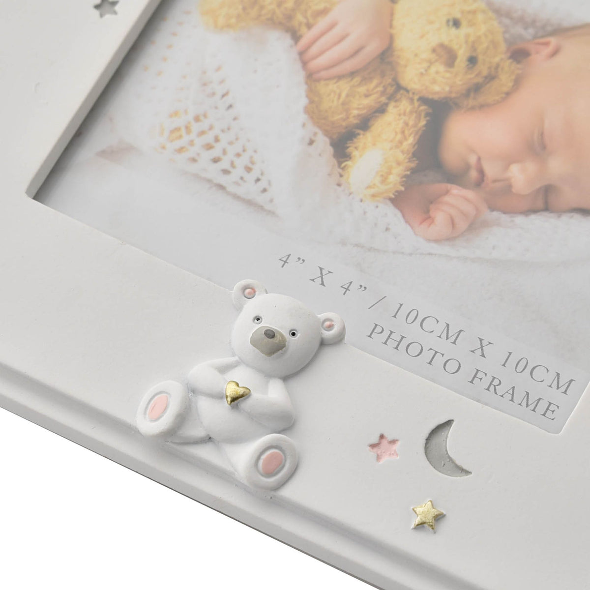 Baby girl resin photo frame detail: teddy bear figurine and printed 4 x 4 photo frame