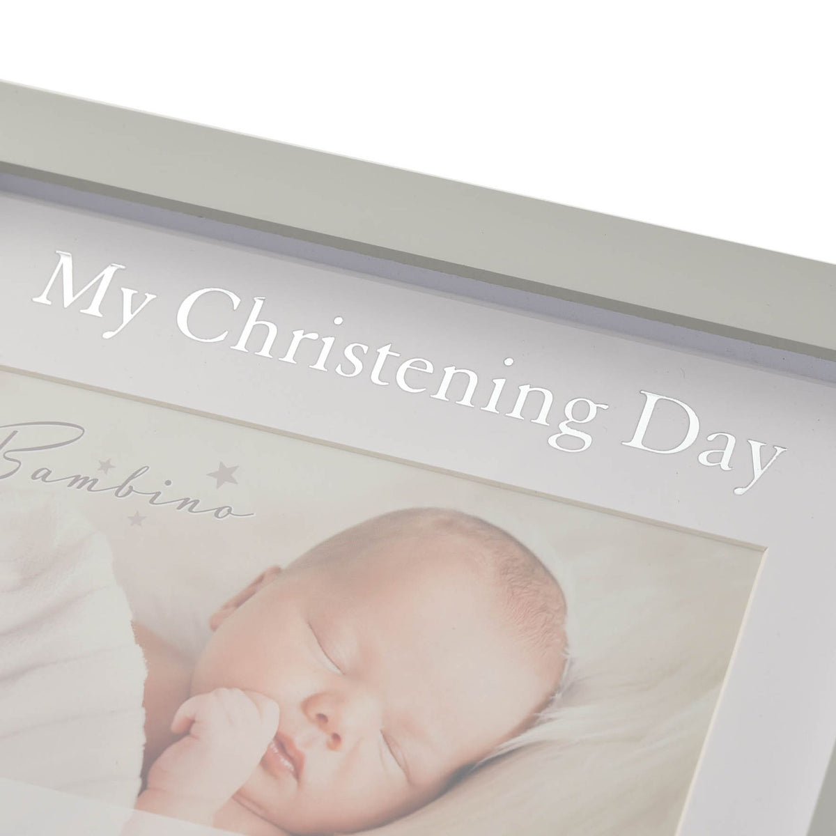 Christening photo frame close-up with “My Christening Day” title and baby portrait