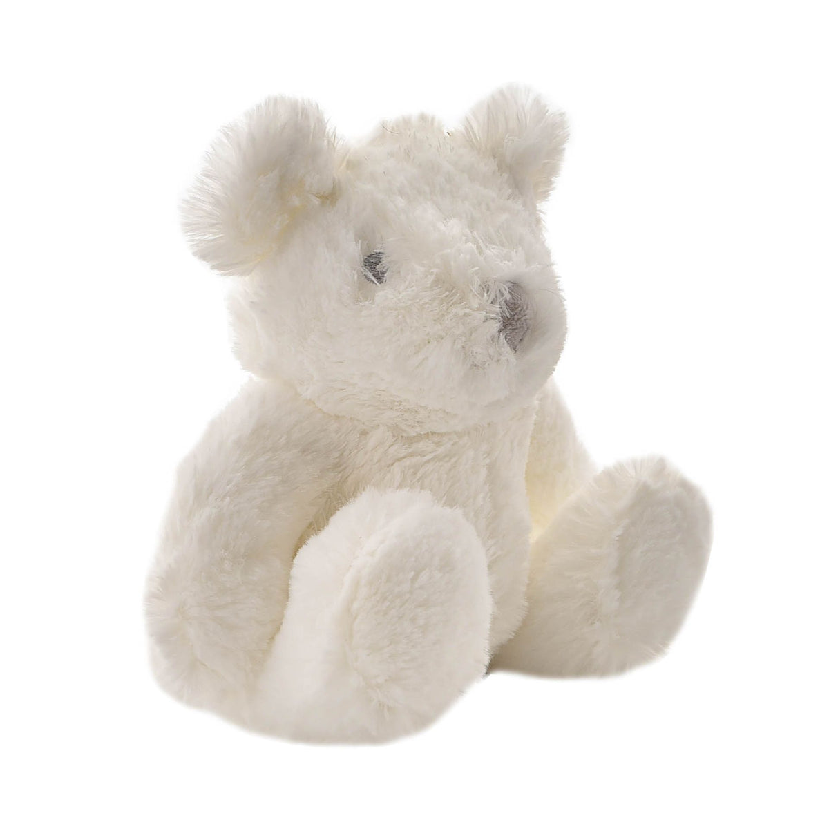 Medium white plush bear, side view, fuzzy coat and stitched dark eyes.