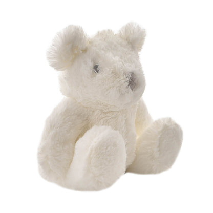 Medium white plush bear, side view, fuzzy coat and stitched dark eyes.