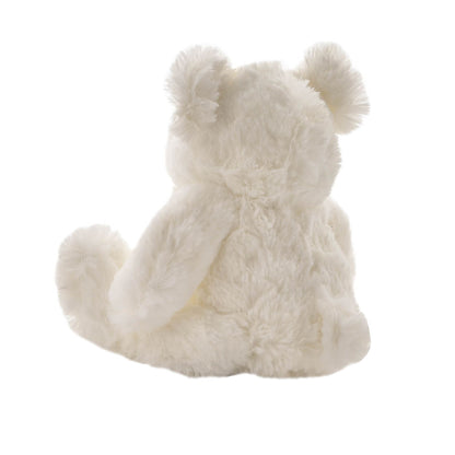 Medium white plush bear, back and side view, soft fur and small ears.