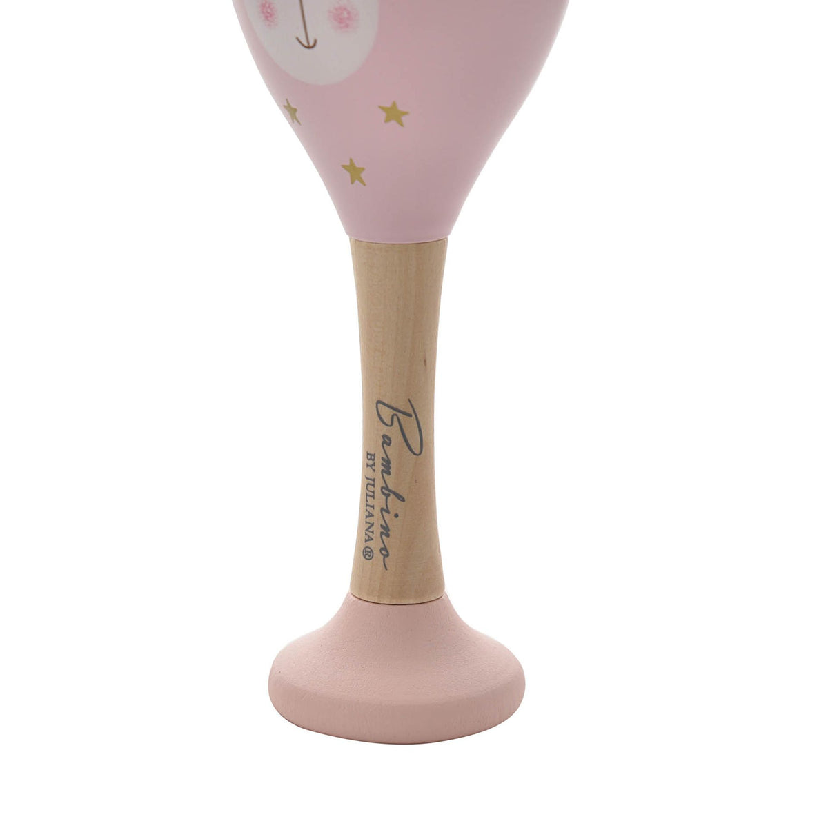 Pink wooden toy maraca with rabbit face and star pattern, on wooden handle