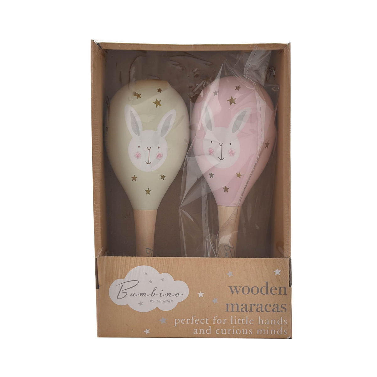 Boxed wooden maracas set with bunny illustrations and star graphics