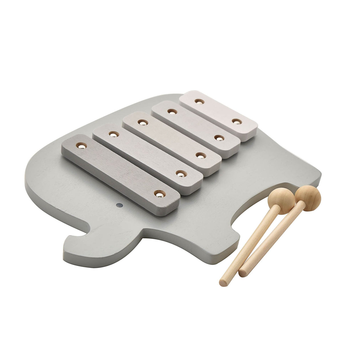 Elephant wooden xylophone with five light-gray bars and matching light-wood mallets