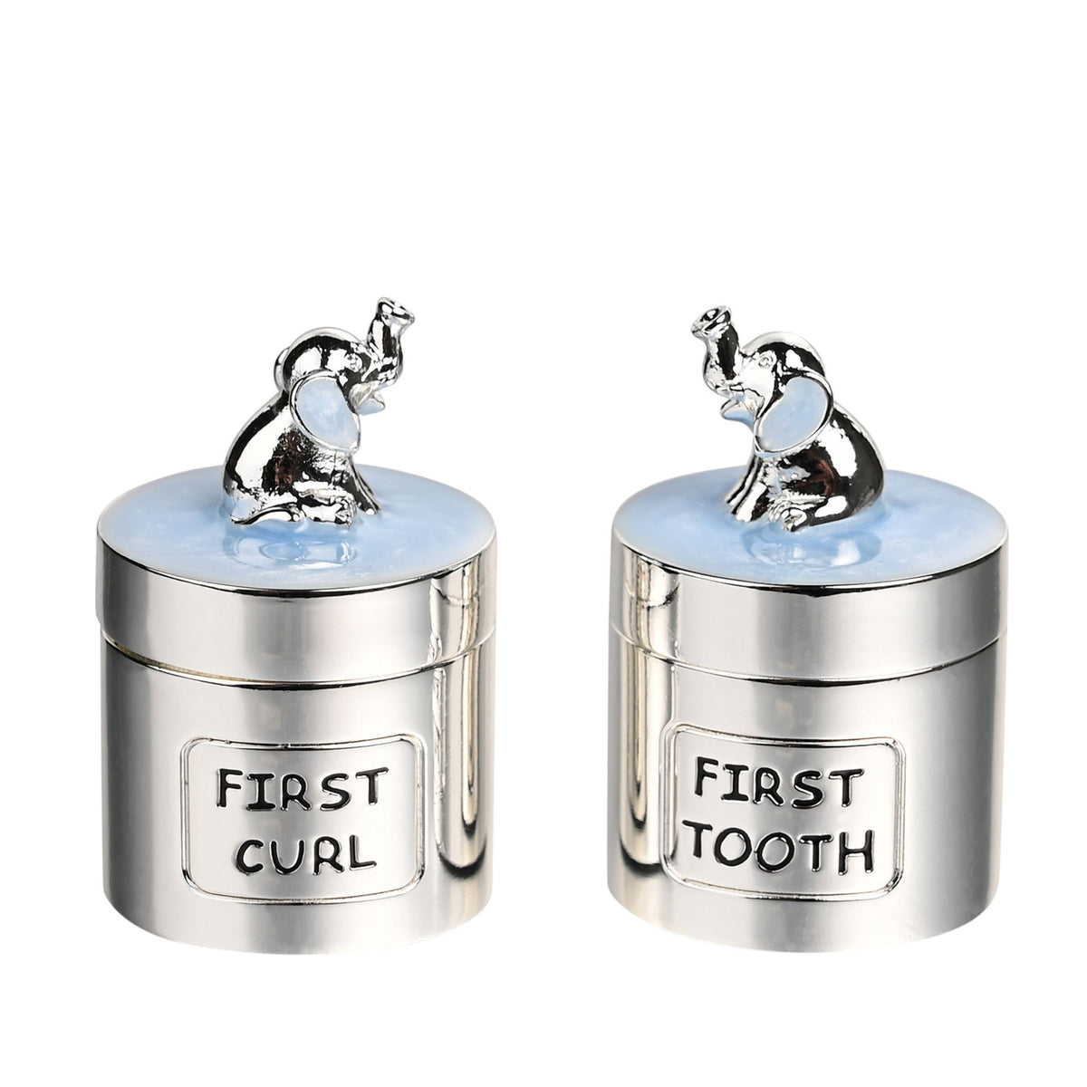 Silverplated baby keepsake boxes with blue tops, elephant figures, labels FIRST CURL and TOOTH