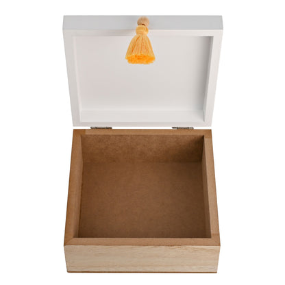 Open wooden keepsake box with empty interior and yellow tassel pull