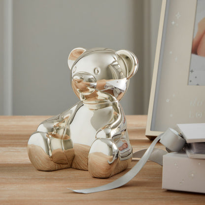 Silver-plated teddy bear money box figurine with side coin slot