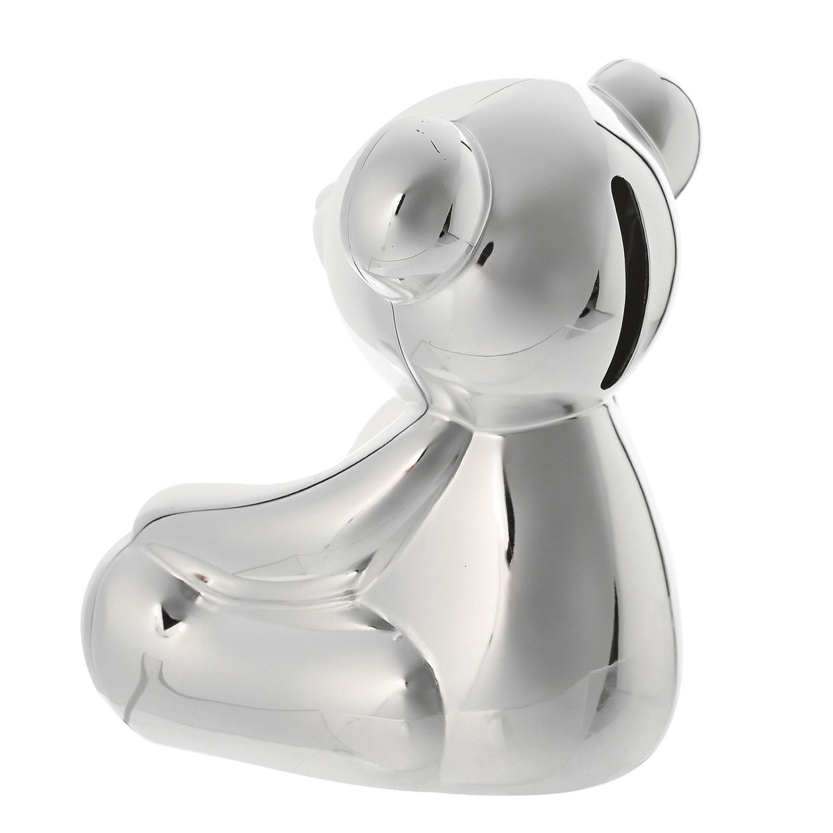 Silver-plated teddy bear money box figurine, side view with coin slot