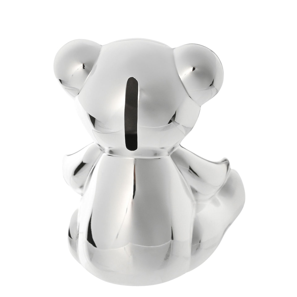 Silver-plated teddy bear money box figurine, front view with central slot