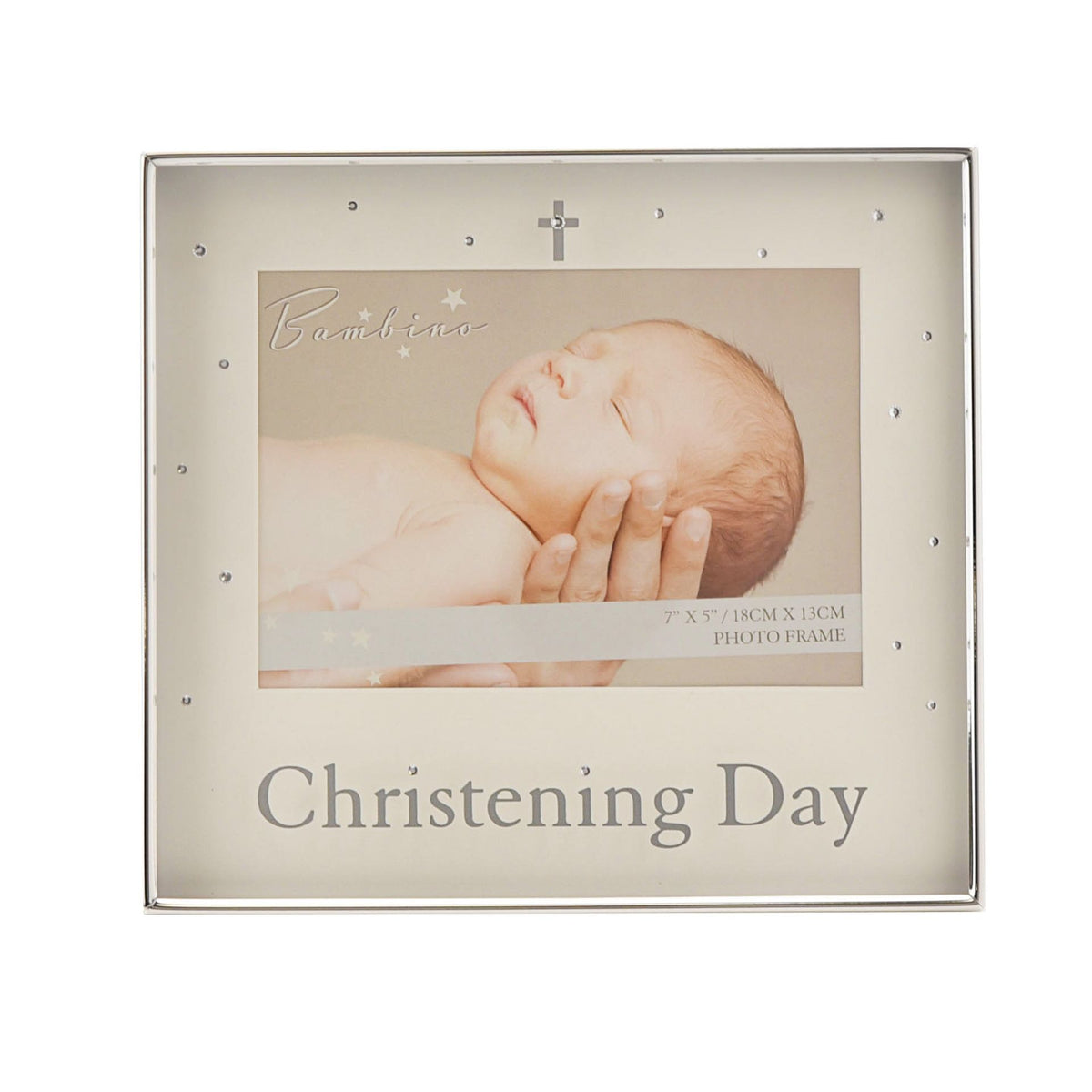 Silver plated christening photo frame showing baby photo and 'Christening Day' title, 7x5 in.