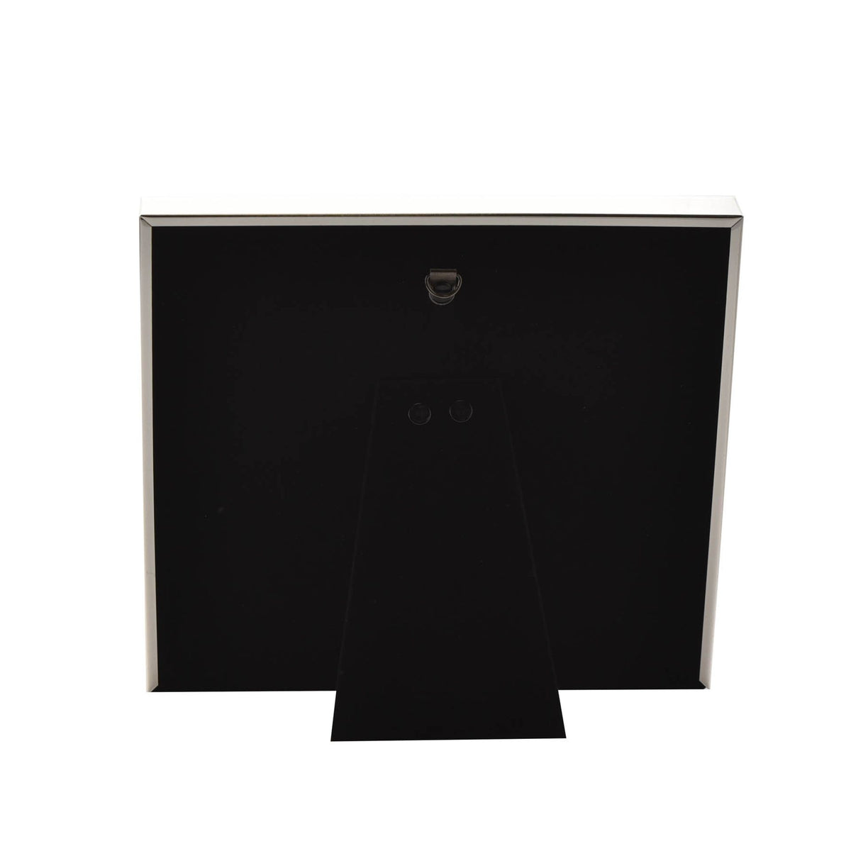 Silver plated photo frame back with black backing panel and hanging clip.