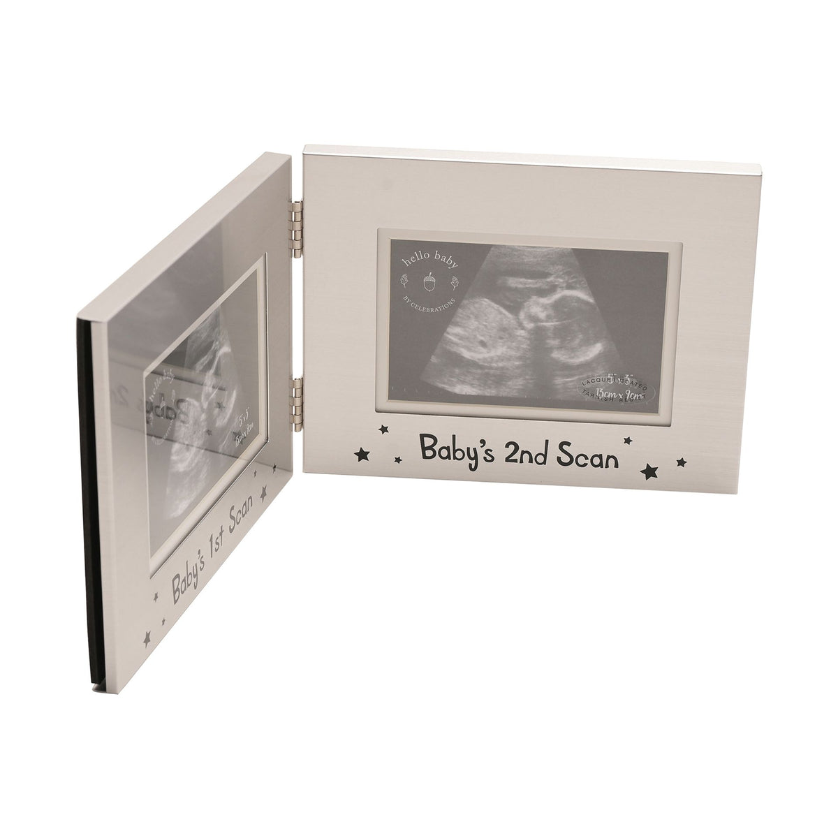 Aluminium baby scan frame with open panel, ultrasound photo and "Baby's 2nd Scan"