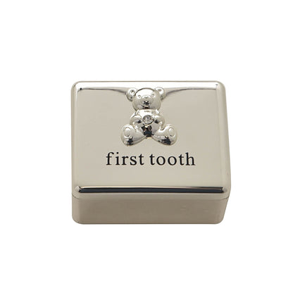Silver plated first tooth box with teddy charm and 'first tooth' text on front