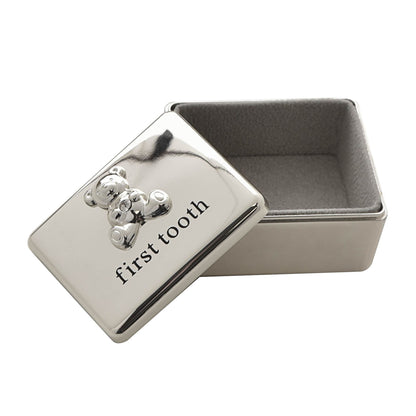 Silver first tooth box with lid open, teddy charm, and engraved 'first tooth'