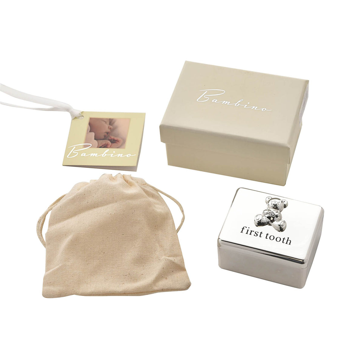 Silver first tooth keepsake box with teddy charm, drawstring pouch, and gift packaging