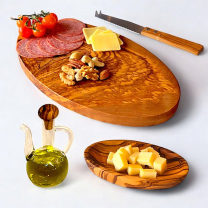 Cheese Lovers Gift Set Bundle - Olive Wood Oval Cutting/Chopping/Cheese Board, Oval Dish, Cheese Knife & Oil bottle