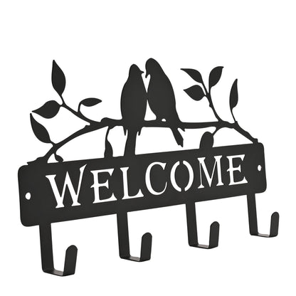 Country Living Metal Garden Plaque with Hooks & 2 Birds  - "Welcome"