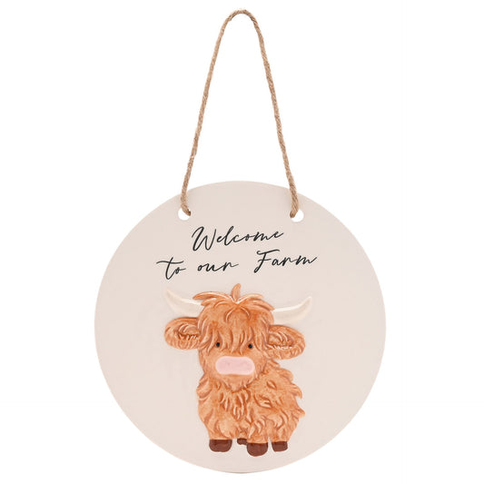 Country Living Highland Cow Round Plaque "Welcome to our Farm"