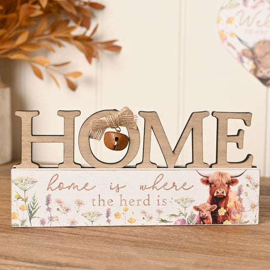 Country Living Highland Cow Mantle Plaque "Home is where the Herd is"