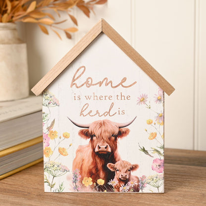 Country Living Highland Cow House Shaped Plaque "Home is where the Herd is"