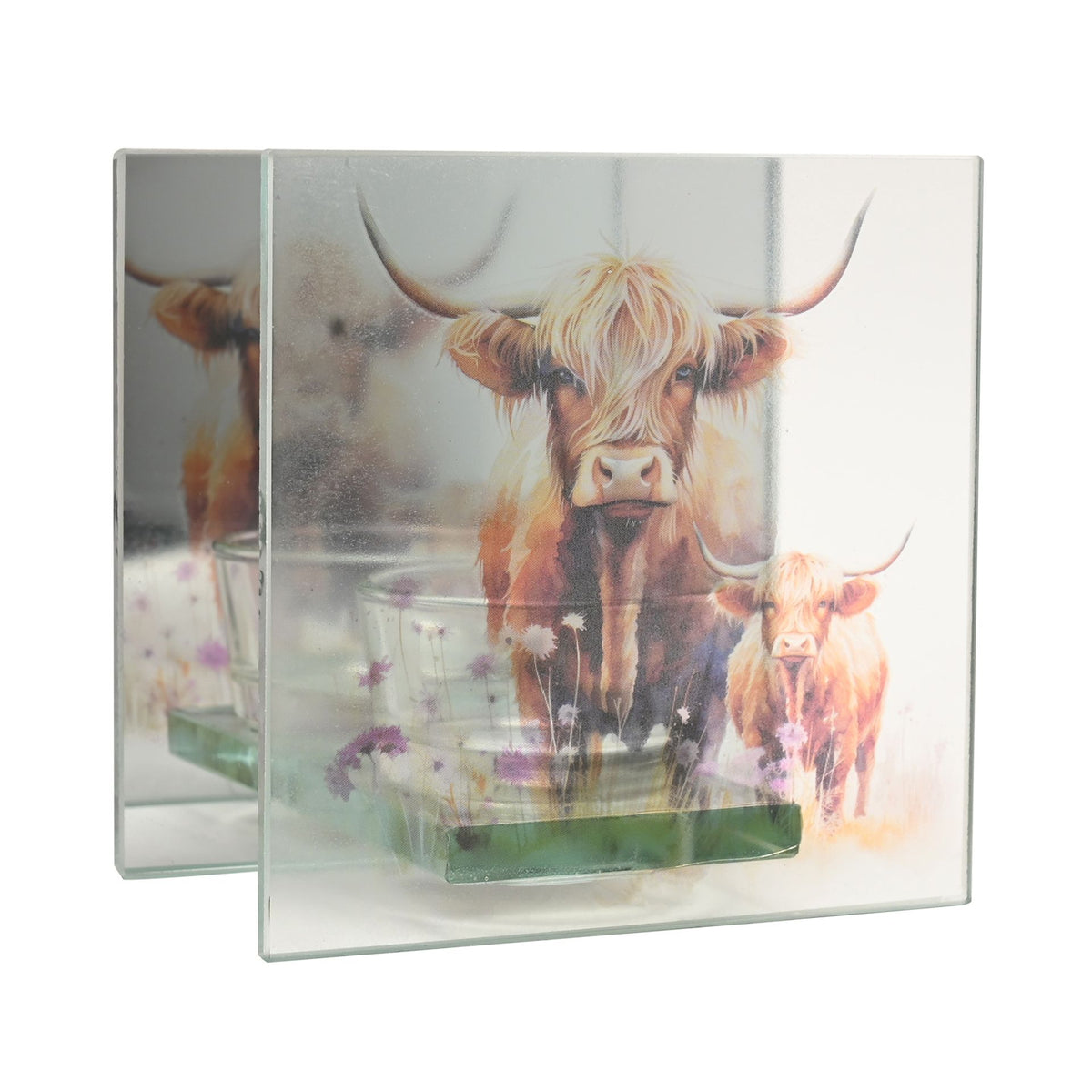 Glass tealight holder with Highland cow artwork and teal base