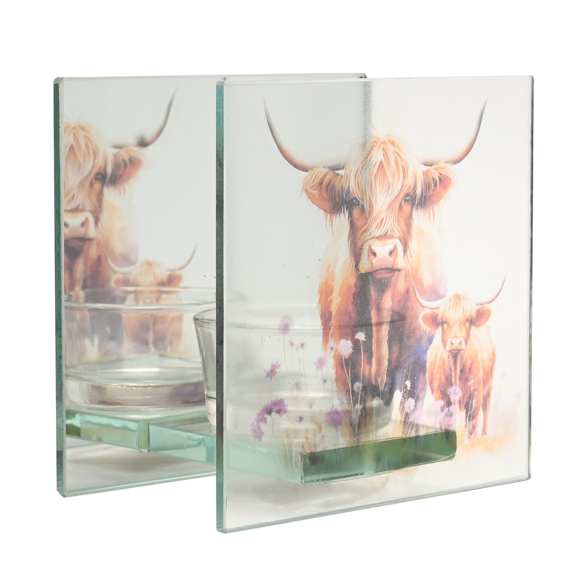 Glass tealight holder angled view with Highland cow artwork and teal tray