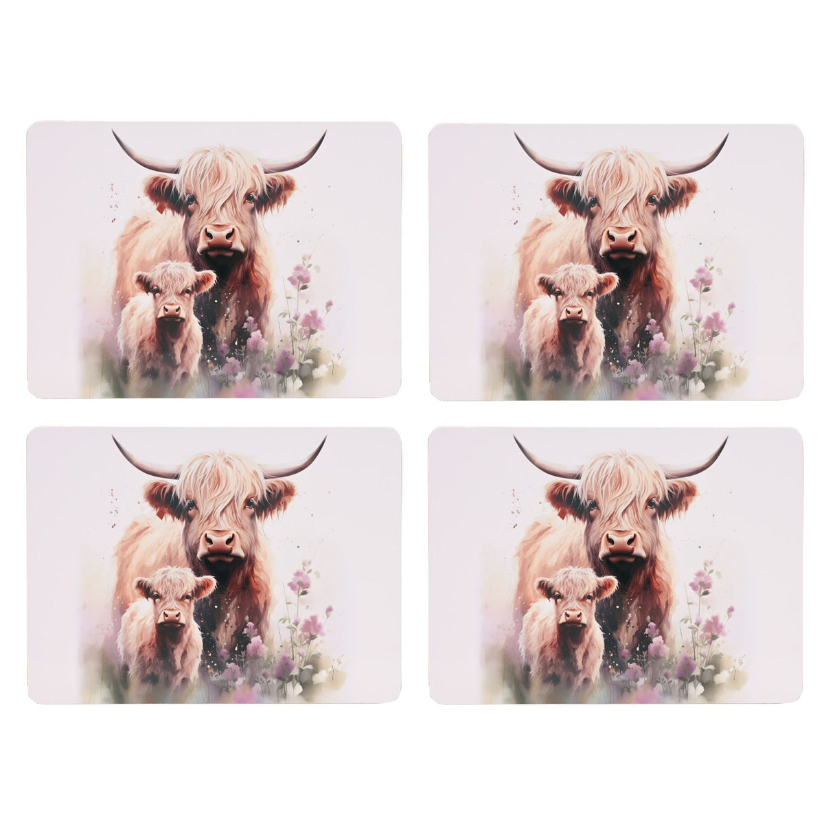 Set of four rectangular placemats with Highland cow and calf art and pink flowers on light background