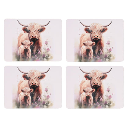 Set of four rectangular placemats with Highland cow and calf art and pink flowers on light background
