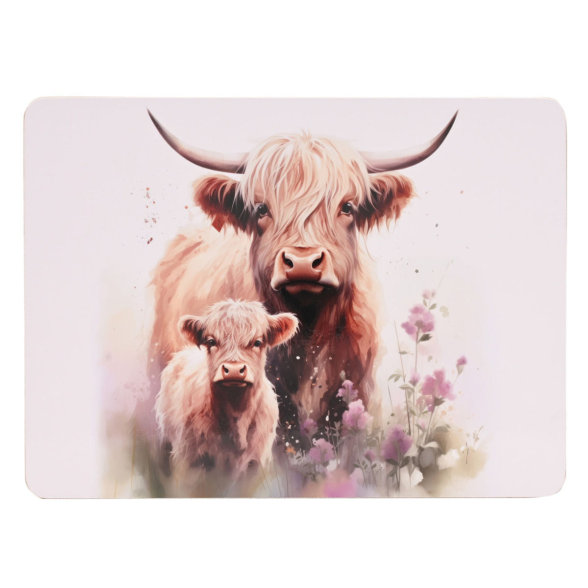 Rectangular placemat close-up: Highland cow and calf illustration with pink flowers on light background
