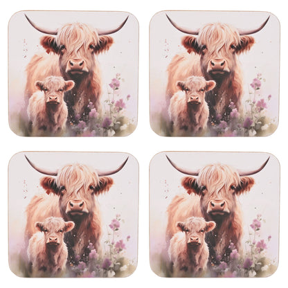 Country Living Highland Cow and Calf set of 4 Coasters
