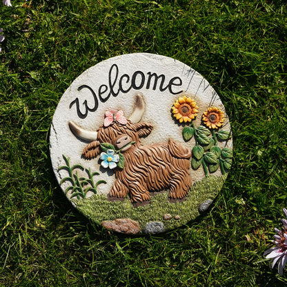 Country Living Cement Stepping Stones Highland Cow "Welcome"