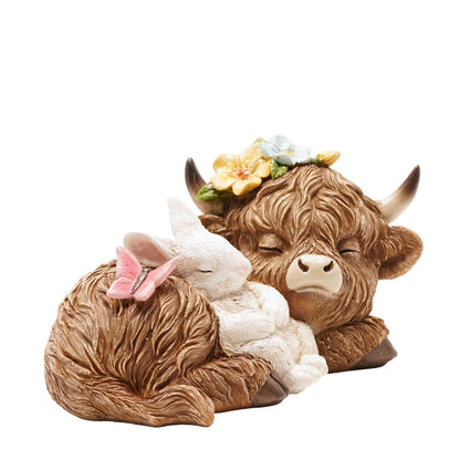 Country Living Sleeping Highland Cow With Spring Bunny