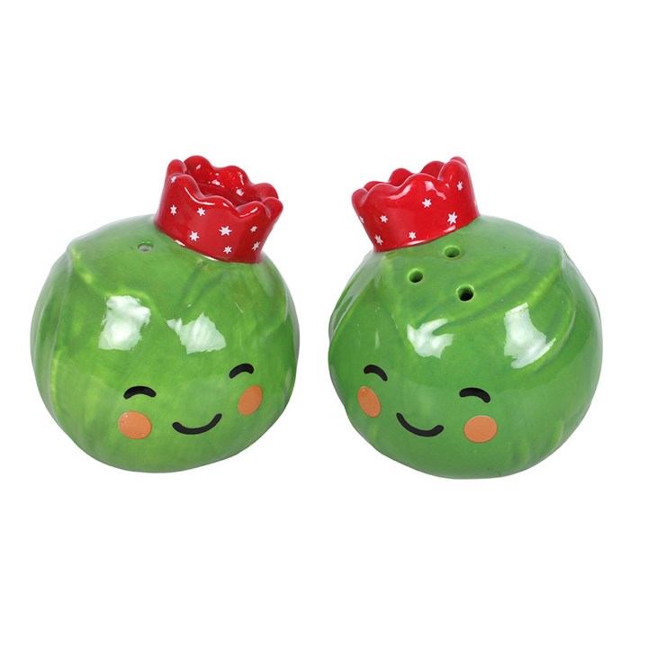 Pair of green brussels sprout salt and pepper shakers with dot eyes and red caps