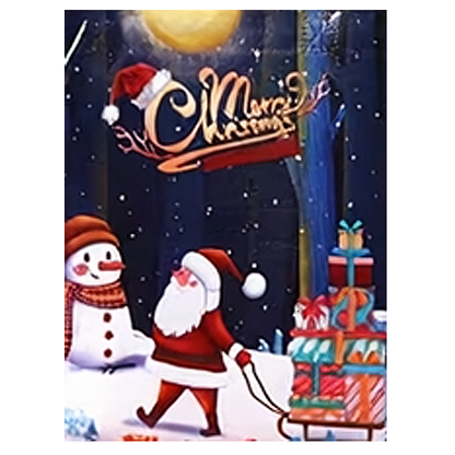 A festive Christmas gift bag with Santa Claus pushing a sleigh of wrapped gifts in a snowy night scene, alongside a snowman and a large 'Merry Christmas' sign.
