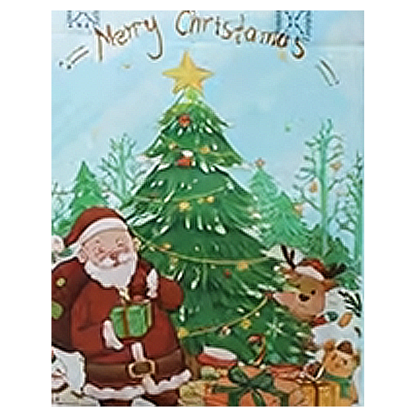 A Christmas-themed gift bag featuring Santa Claus by a decorated Christmas tree, with a reindeer, gifts, and the text 'Merry Christmas' at the top.