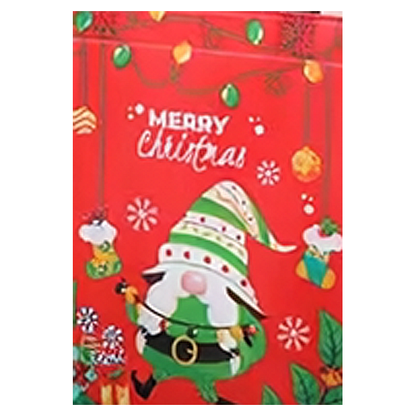A festive red Christmas gift bag featuring a cartoon gnome in green and white, with the words 'Merry Christmas' in white script, surrounded by holiday decorations like stockings, ornaments, and lights.