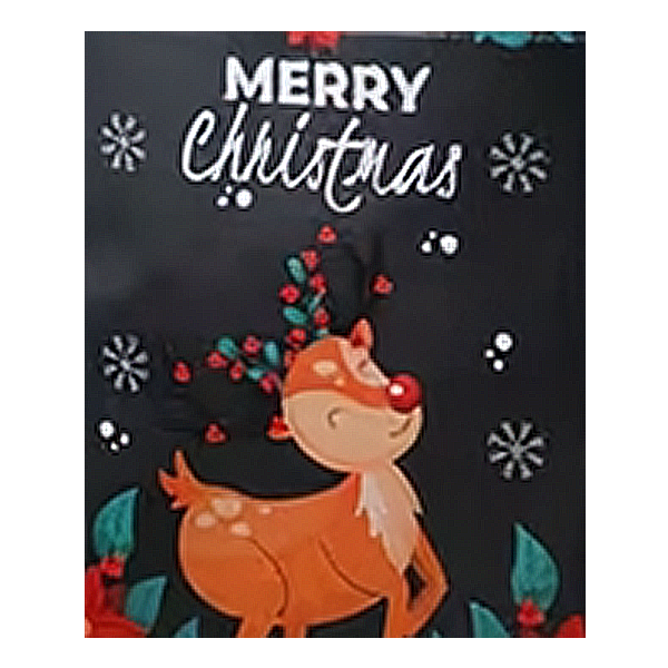 A square Christmas gift bag featuring the words “MERRY Christmas” in white lettering above a cartoon reindeer. The reindeer is orange-brown with a red nose and antlers decorated with red berries and green leaves.