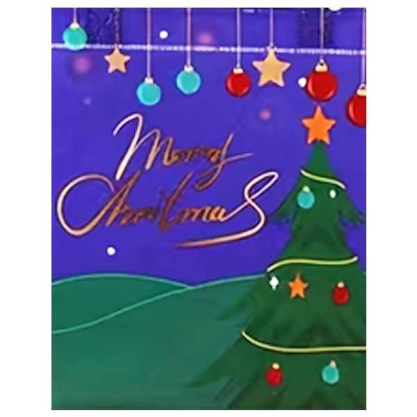 A festive Christmas gift bag with a purple background, gold cursive 'Merry Christmas' text, hanging ornaments, a decorated green Christmas tree, and a dark green hill at the bottom.