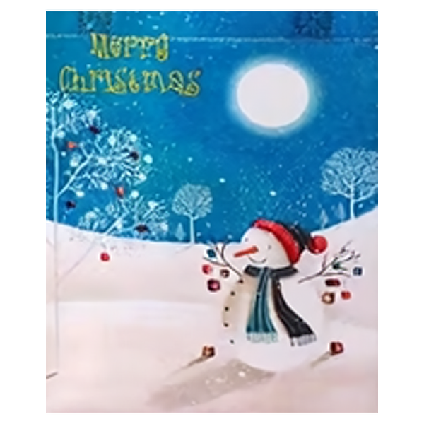 A festive Christmas gift bag featuring a snowy winter scene with a snowman wearing a red hat and scarf under a bright full moon, with the words 'Merry Christmas' in gold at the top left.