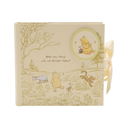 Winnie the Pooh photo album cover with circular badge, woodland scene, and ribbon.
