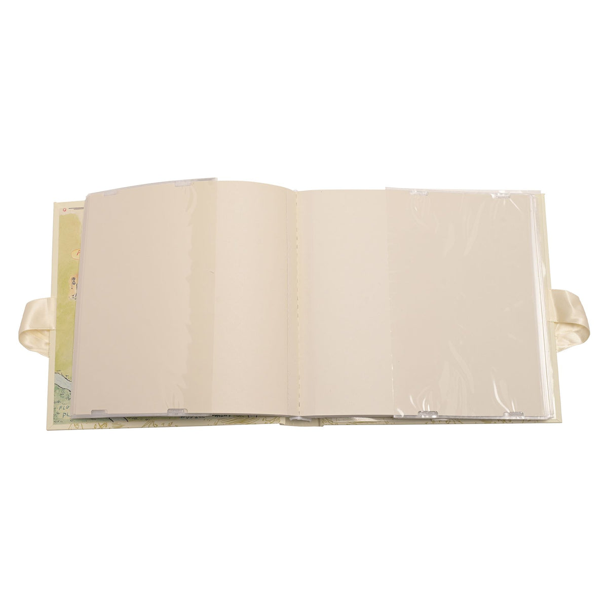 Open Winnie the Pooh photo album with blank pages and satin ribbon ties.