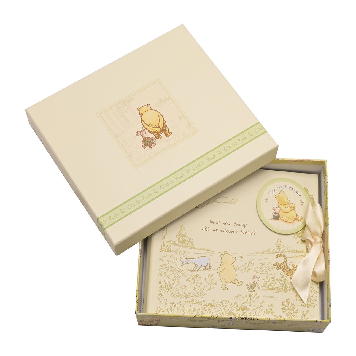 Winnie the Pooh heritage photo album box set with lid and insert showing cover art.
