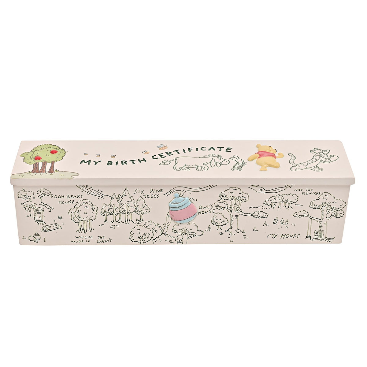 My Birth Certificate tube with Pooh and friends graphic band, cream rectangular case