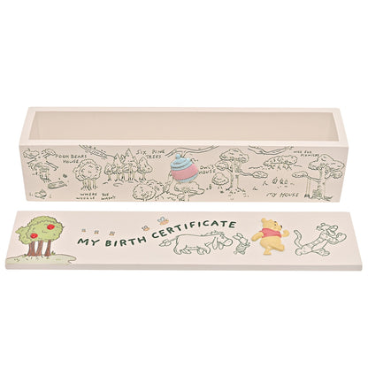 My Birth Certificate tube with Pooh and friends illustrations, open sliding lid